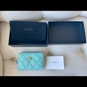 SUPER RARE! Authentic Chanel Caviar Leather Tiffany Blue Zip Wallet with GHW!